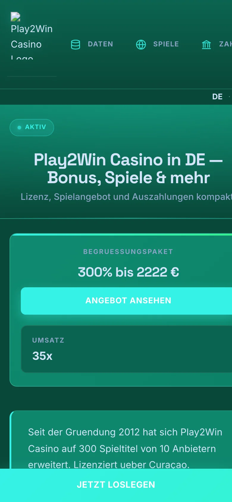 Play2Win Casino mobile lobby screenshot